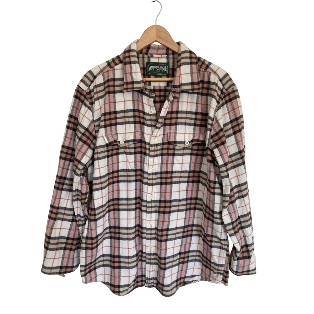 American Eagle Mens XL Plaid Flannel Button Down Shirt Pink Brown Cream Cotton